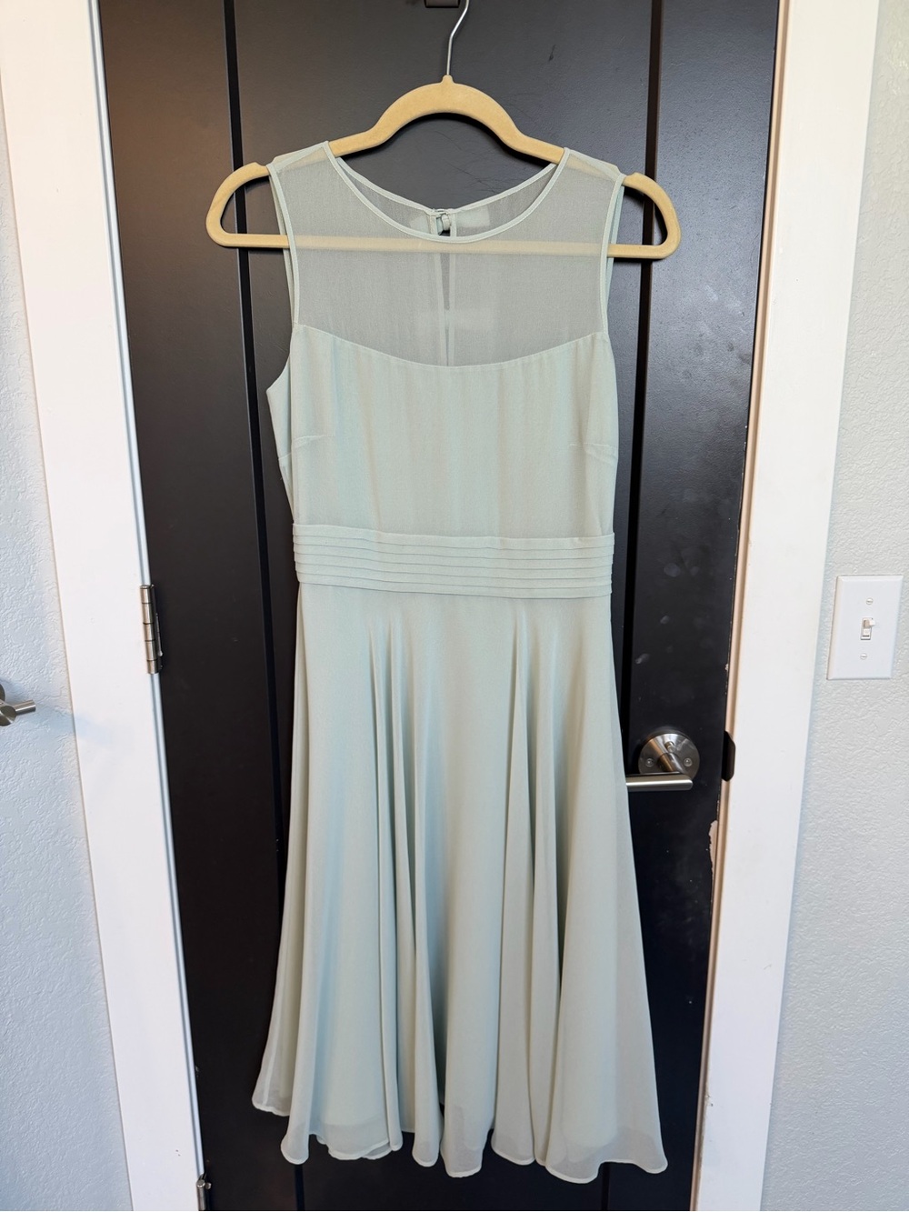 Sleeveless Mint Chiffon Midi Dress with Sheer Yoke